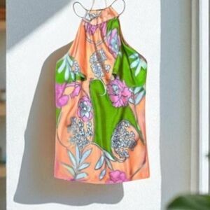 Laroque  Bright Floral Peach and Green Halter Top Ruffle